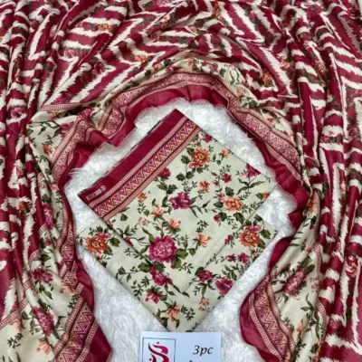 Women’s 3 Pcs Unstitched Printed Lawn Suit – Pink | Printed Shirt (3m), Dupatta (2.5m) & Trouser (2.5m)