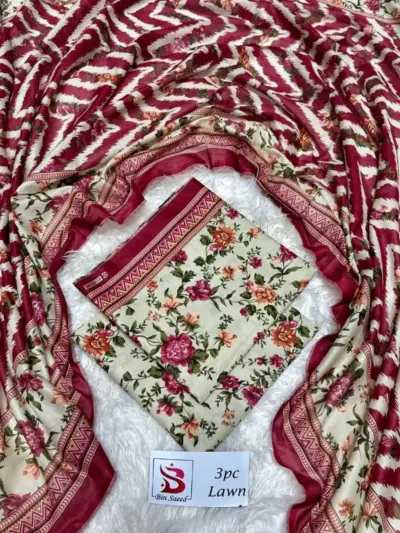 Women’s 3 Pcs Unstitched Printed Lawn Suit – Pink | Printed Shirt (3m), Dupatta (2.5m) & Trouser (2.5m)