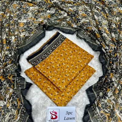 Women’s 3 Pcs Unstitched Printed Lawn Suit – Yellow | Printed Shirt, Dupatta & Trouser (Summer Wear)