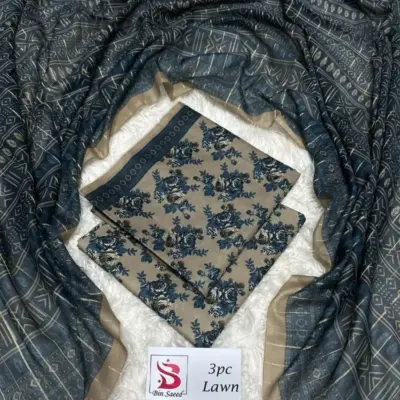 Women’s 3 Pcs Unstitched Printed Lawn Suit – Grey | Printed Shirt, Dupatta & Trouser (Summer Wear)