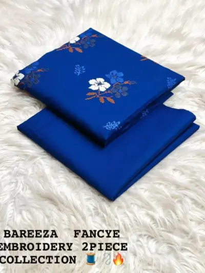 Women’s 2 Pcs Unstitched Embroidered Cotton Lawn Suit – Blue | Embroidered Shirt (3m) & Plain Trouser (2.5m)