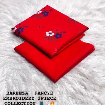 Women’s 2 Pcs Unstitched Embroidered Cotton Lawn Suit – Red | Fully Embroidered Shirt (3m) & Plain Trouser (2.5m)