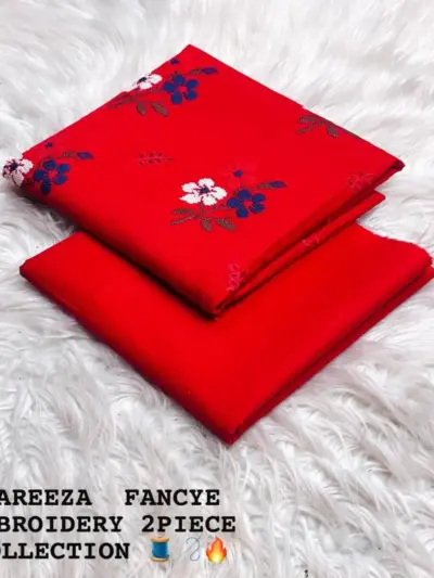 Women’s 2 Pcs Unstitched Embroidered Cotton Lawn Suit – Red | Fully Embroidered Shirt (3m) & Plain Trouser (2.5m)