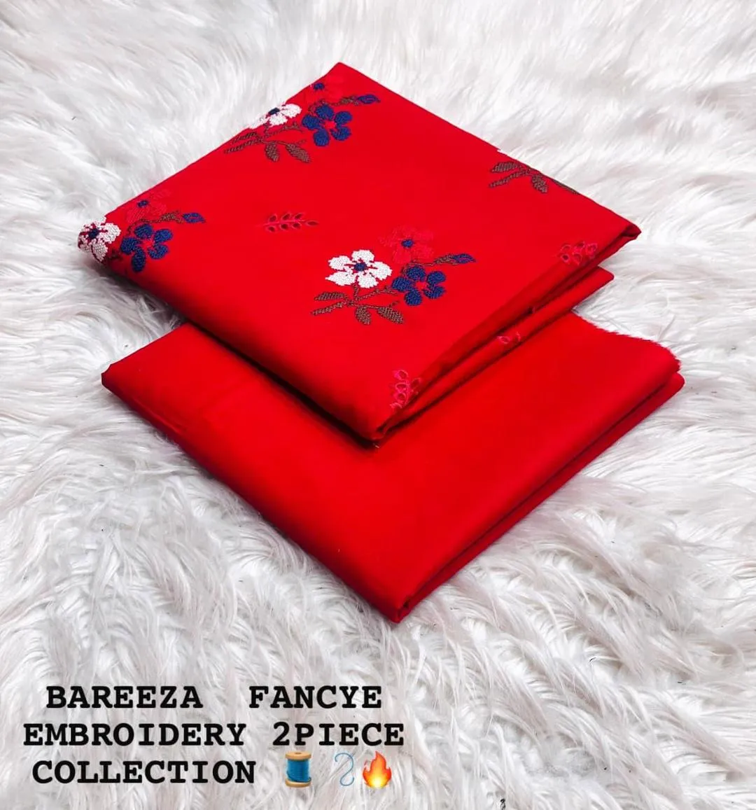 Women’s 2 Pcs Unstitched Embroidered Cotton Lawn Suit – Red | Fully Embroidered Shirt (3m) & Plain Trouser (2.5m)