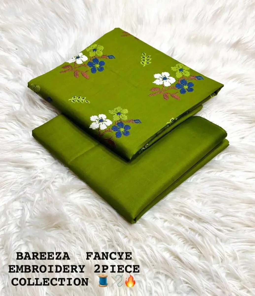 Women’s 2 Pcs Unstitched Embroidered Cotton Lawn Suit – Green | Embroidered Shirt (3m) & Plain Trouser (2.5m)