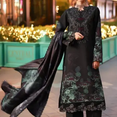 Women’s 3 Pcs Unstitched Black Printed Lawn Suit – Embroidered Shirt with Patch Work, Lawn Trouser & Dupatta (3m Shirt, 2.5m Trouser, 2.5m Dupatta)