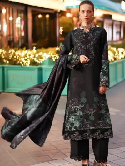 Women’s 3 Pcs Unstitched Black Printed Lawn Suit – Embroidered Shirt with Patch Work, Lawn Trouser & Dupatta (3m Shirt, 2.5m Trouser, 2.5m Dupatta)