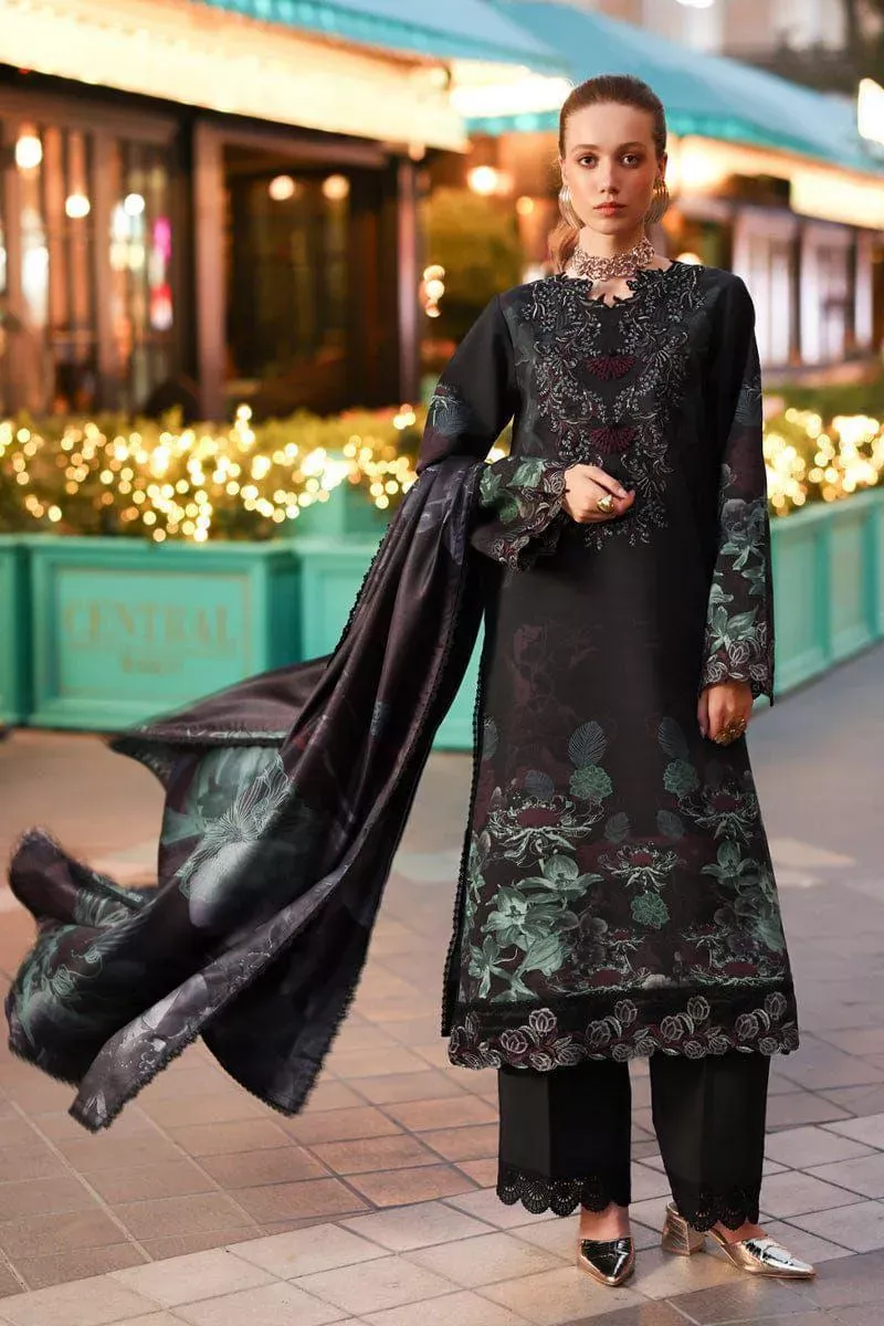 Women’s 3 Pcs Unstitched Black Printed Lawn Suit – Embroidered Shirt with Patch Work, Lawn Trouser & Dupatta (3m Shirt, 2.5m Trouser, 2.5m Dupatta)