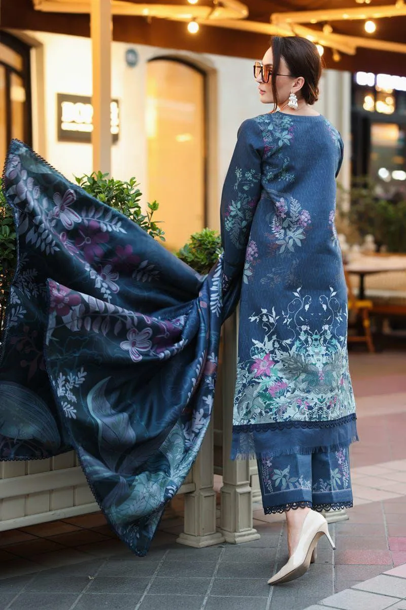 Women’s 3 Pcs Unstitched Blue Printed Lawn Suit – Embroidered Shirt with Patch Work, Lawn Trouser & Dupatta (3m Shirt, 2.5m Trouser, 2.5m Dupatta)