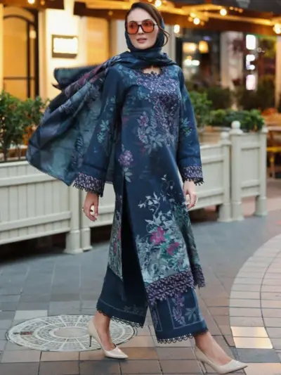 Women’s 3 Pcs Unstitched Blue Printed Lawn Suit – Embroidered Shirt with Patch Work, Lawn Trouser & Dupatta (3m Shirt, 2.5m Trouser, 2.5m Dupatta)