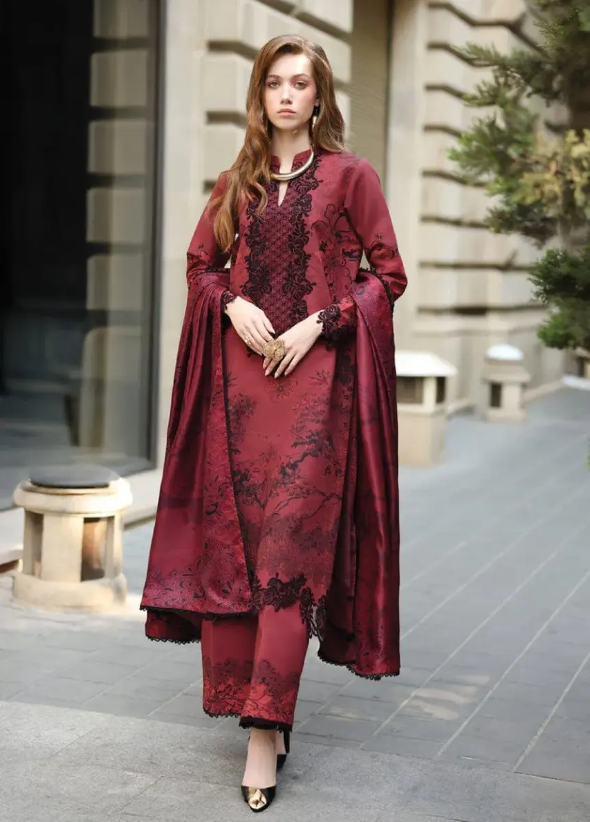 Women’s 3 Pcs Unstitched Maroon Printed Lawn Suit – Embroidered Shirt, Lawn Trouser & Dupatta (3m Shirt, 2.5m Trouser, 2.5m Dupatta)