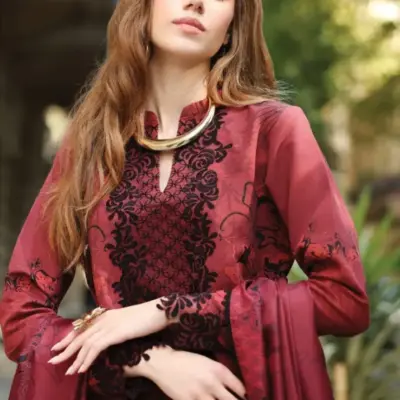 Women’s 3 Pcs Unstitched Maroon Printed Lawn Suit – Embroidered Shirt, Lawn Trouser & Dupatta (3m Shirt, 2.5m Trouser, 2.5m Dupatta)