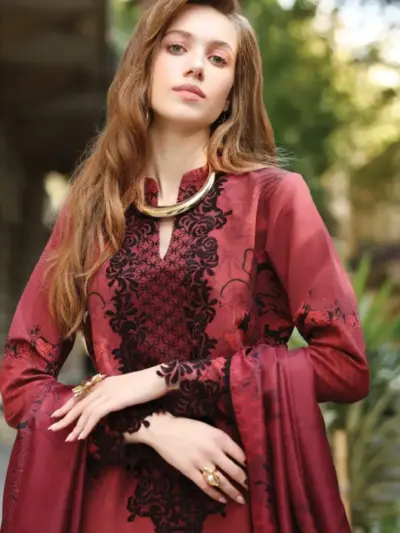 Women’s 3 Pcs Unstitched Maroon Printed Lawn Suit – Embroidered Shirt, Lawn Trouser & Dupatta (3m Shirt, 2.5m Trouser, 2.5m Dupatta)