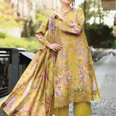 Women’s 3 Pcs Unstitched Yellow Printed Lawn Suit – Embroidered Shirt, Lawn Trouser & Dupatta (3m Shirt, 2.5m Trouser, 2.5m Dupatta)