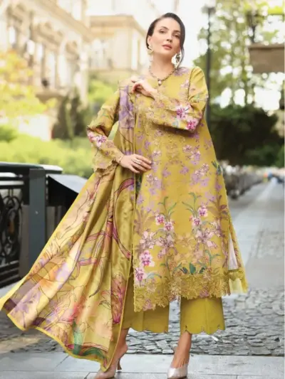 Women’s 3 Pcs Unstitched Yellow Printed Lawn Suit – Embroidered Shirt, Lawn Trouser & Dupatta (3m Shirt, 2.5m Trouser, 2.5m Dupatta)
