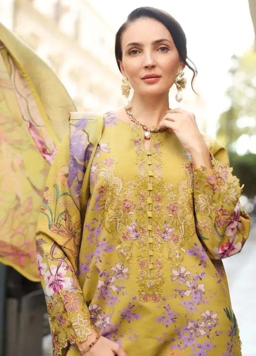 Women’s 3 Pcs Unstitched Yellow Printed Lawn Suit – Embroidered Shirt, Lawn Trouser & Dupatta (3m Shirt, 2.5m Trouser, 2.5m Dupatta)