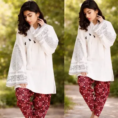 Assling 2 Pcs Women’s Unstitched Embroidered Lawn Suit – Off White | Front Embroidery, Shirt 3.25 Gazz, Trouser 2.5 Gazz