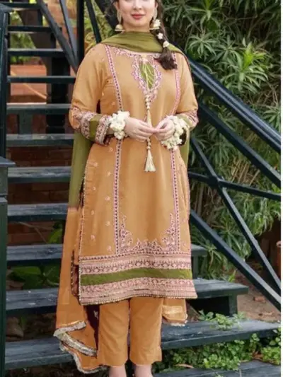 Assling Premium 3 Pcs Women’s Unstitched Embroidered Lawn Suit – Peach | Embroidered Lawn Shirt, Plain Lawn Trouser & Bamber Gota Work Dupatta