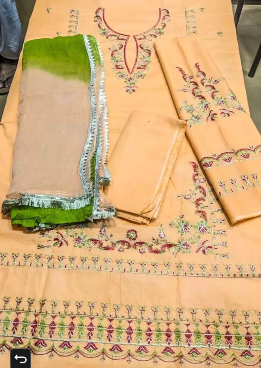Assling Premium 3 Pcs Women’s Unstitched Embroidered Lawn Suit – Peach | Embroidered Lawn Shirt, Plain Lawn Trouser & Bamber Gota Work Dupatta