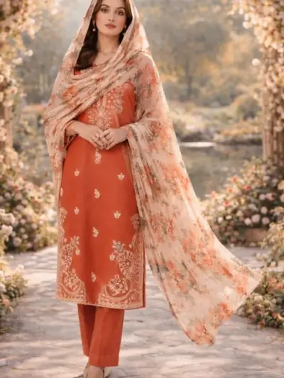 Assling Women’s 3-Piece Unstitched Embroidered Lawn Suit – Orange | Embroidered Shirt, Cotton Trouser & Diamond Voile Dupatta