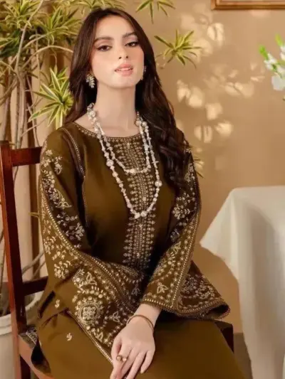 Assling Lawn Embroidered 2 Pcs Women’s Unstitched Suit – Brown | Front Embroidery, Plain Trouser (3.25 & 2.5 Gazz)