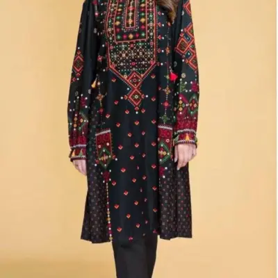 Assling Women’s 2 Pcs Unstitched Black Embroidered Lawn Suit – Front Embroidery Shirt & Plain Lawn Trouser (3.25 Gazz Shirt, 2.5 Gazz Trouser)