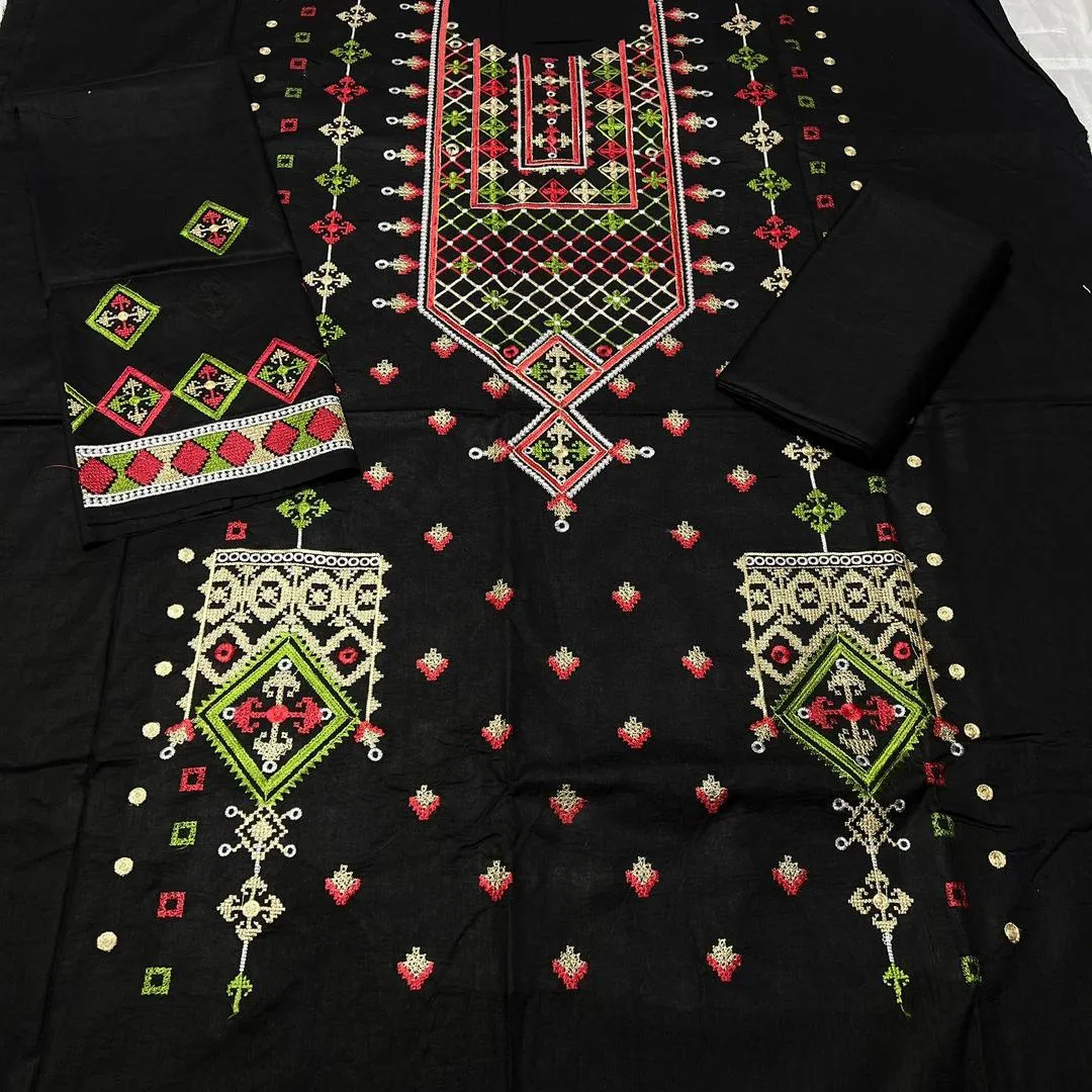 Assling Women’s 2 Pcs Unstitched Black Embroidered Lawn Suit – Front Embroidery Shirt & Plain Lawn Trouser (3.25 Gazz Shirt, 2.5 Gazz Trouser)