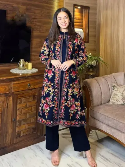 Luxury Women’s Stitched Shamoz Silk Embroidered Shirt & Trouser Set – 2 Pcs Blue | Standard Size