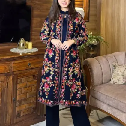 Luxury Women’s Stitched Shamoz Silk Embroidered Shirt & Trouser Set – 2 Pcs Blue | Standard Size