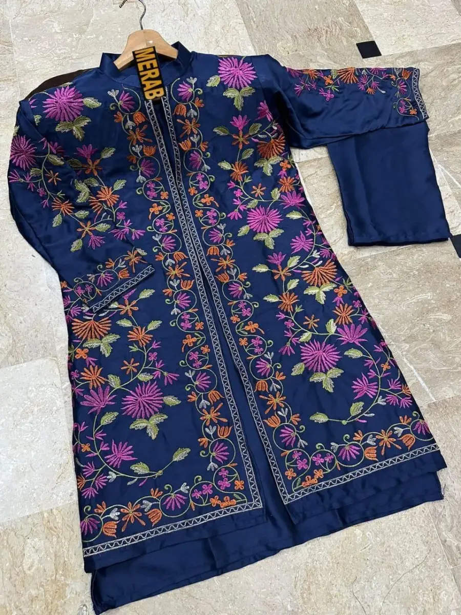 Luxury Women’s Stitched Shamoz Silk Embroidered Shirt & Trouser Set – 2 Pcs Blue | Standard Size