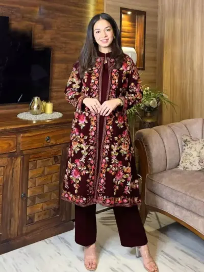 Women’s Stitched Shamoz Silk Embroidered Shirt & Trouser Suit – Maroon | 2-Piece Ready-to-Wear Party Dress (Standard Size)