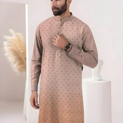 ClassicWear Men’s Unstitched Cotton Self Print Kurta Fabric – Winter Collection (3.5 Gazz Shirt, 2.25 Gazz Trouser, Peach)