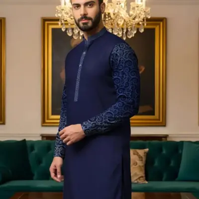 ClassicWear Men’s Unstitched Cotton Self Print Kurta Fabric – Winter Wear (3.5 Gazz Shirt, 2.25 Gazz Trouser, Blue)
