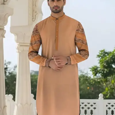 ClassicWear Men’s Unstitched Cotton Self Print Kurta Fabric – Winter Wear (3.5 Gazz Shirt, 2.25 Gazz Trouser, Peach)