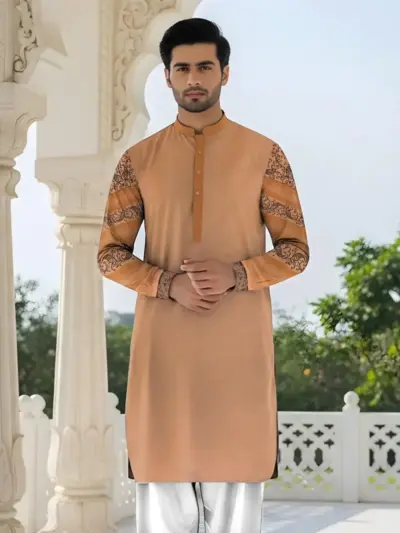 ClassicWear Men’s Unstitched Cotton Self Print Kurta Fabric – Winter Wear (3.5 Gazz Shirt, 2.25 Gazz Trouser, Peach)
