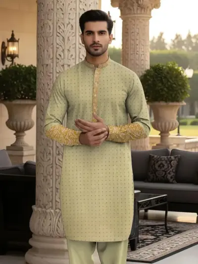 Men’s Unstitched Cotton Self Print Kurta Fabric – Yellow Winter Wear (3.5 Gazz Shirt, 2.25 Gazz Trouser, Bulk Pack of 250)