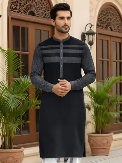 ClassicWear Men’s Unstitched Cotton Self Print Kurta Fabric – Winter Collection (3.5 Gazz Shirt + 2.25 Gazz Trouser, Black)