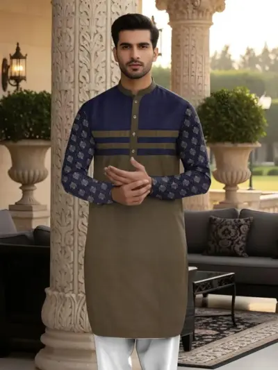 Men’s Unstitched Cotton Self Print Kurta Suit – Winter Wear, Blue (3.5 Gazz Kurta + 2.25 Gazz Trouser)