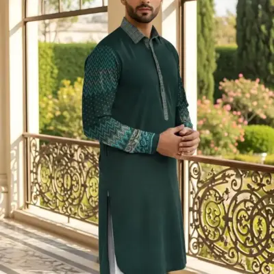 Men’s Cotton Self Print Unstitched Kurta – Green Winter Fabric, 3.5 Gazz Shirt & 2.25 Gazz Trouser Cutting (Bulk Pack of 250)