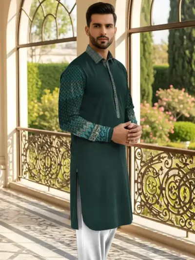 Men’s Cotton Self Print Unstitched Kurta – Green Winter Fabric, 3.5 Gazz Shirt & 2.25 Gazz Trouser Cutting (Bulk Pack of 250)