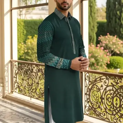 Men’s Cotton Self Print Unstitched Kurta – Green Winter Fabric, 3.5 Gazz Shirt & 2.25 Gazz Trouser Cutting (Bulk Pack of 250)