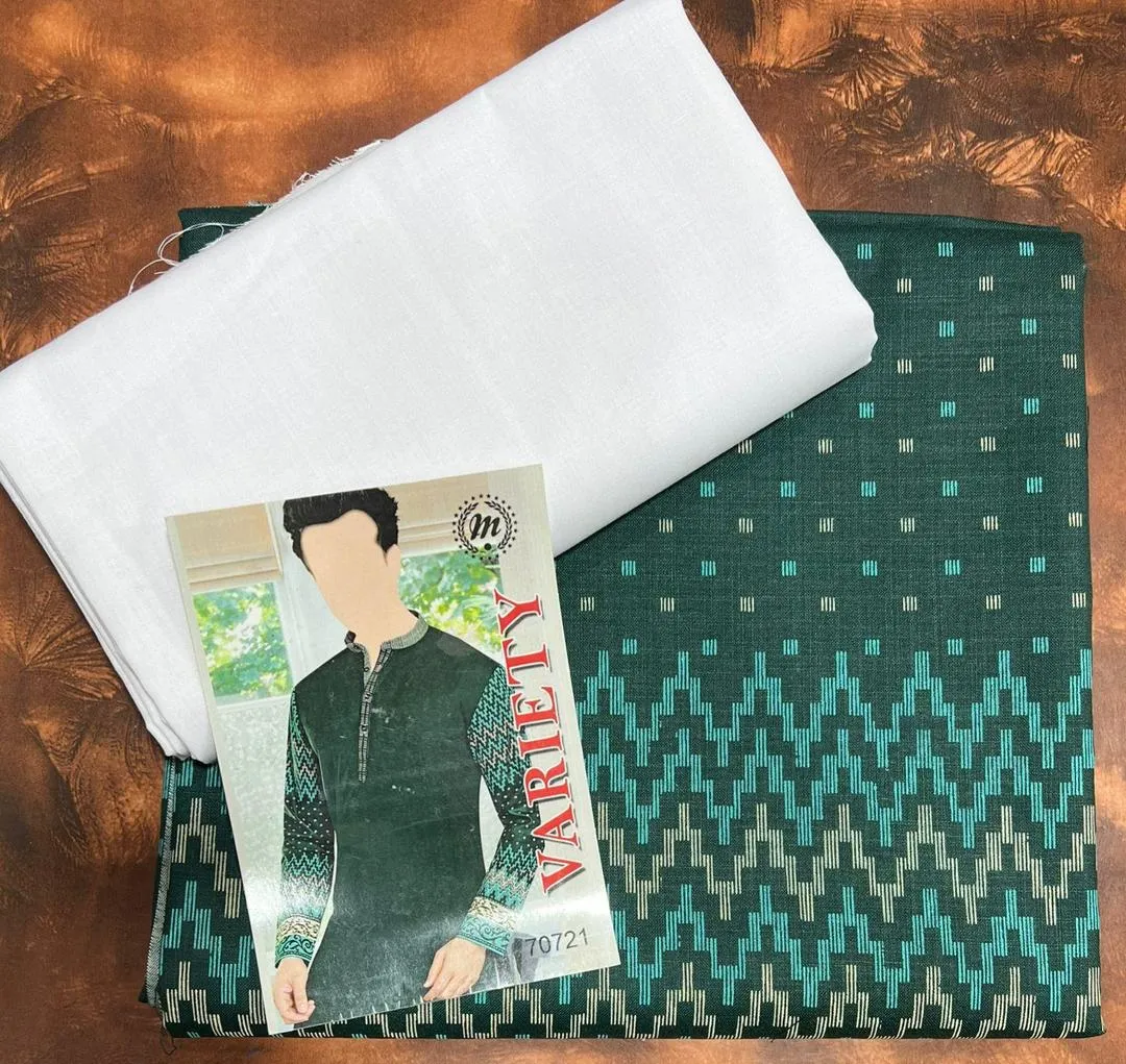 Men’s Cotton Self Print Unstitched Kurta – Green Winter Fabric, 3.5 Gazz Shirt & 2.25 Gazz Trouser Cutting (Bulk Pack of 250)