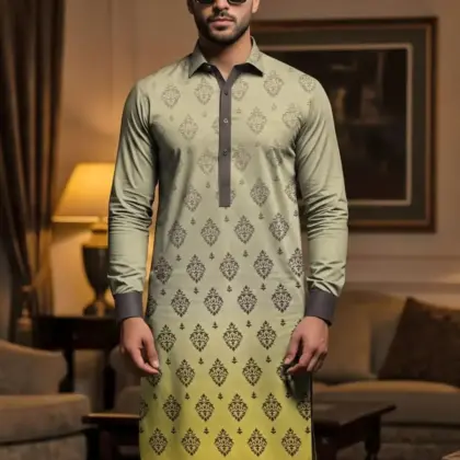 Men’s Cotton Self Print Unstitched Kurta – Yellow, Winter Collection, 3.5 Gazz Shirt Cutting
