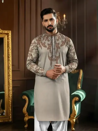 Men’s Cotton Self Print Unstitched Kurta – Off White, Winter Collection, 3.5 Gazz Shirt Cutting
