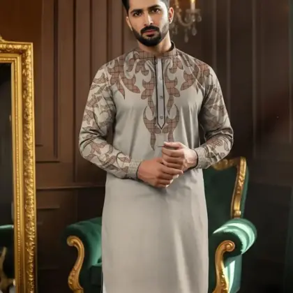 Men’s Cotton Self Print Unstitched Kurta – Off White, Winter Collection, 3.5 Gazz Shirt Cutting