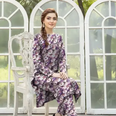 2-Pcs Women’s Unstitched Printed Khaddar Suit – Purple, 3.25 Gazz