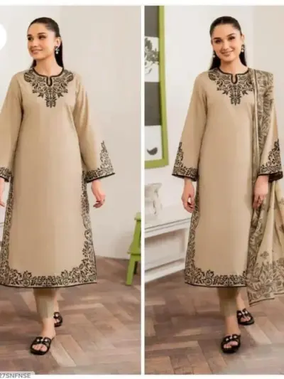 Assling 3 Pcs Women’s Unstitched Embroidered Lawn Suit with Diamond Digital Print Dupatta – Beige (Summer Collection)