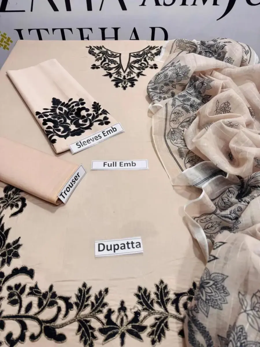 Assling 3 Pcs Women’s Unstitched Embroidered Lawn Suit with Diamond Digital Print Dupatta – Beige (Summer Collection)