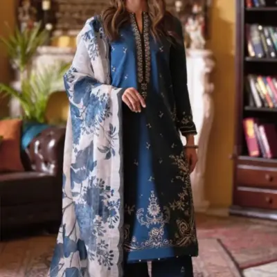 Assling Women’s Blue Embroidered Lawn Unstitched Suit – 3 Piece Shirt, Trouser & Diamond Voile Dupatta (3.25 Gazz Shirt)