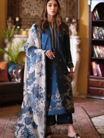 Assling Women’s Blue Embroidered Lawn Unstitched Suit – 3 Piece Shirt, Trouser & Diamond Voile Dupatta (3.25 Gazz Shirt)